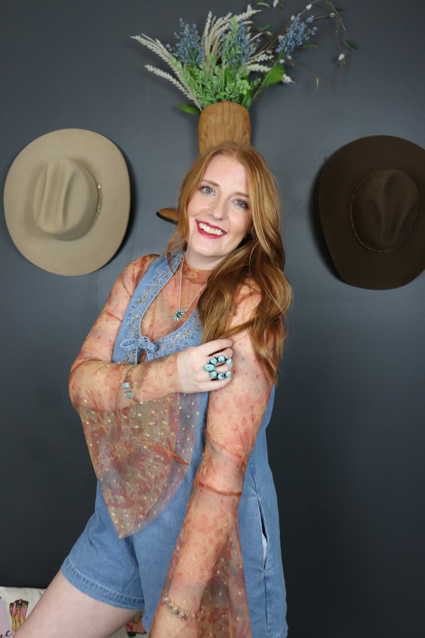 Sepia Rust Mesh Flare Top
